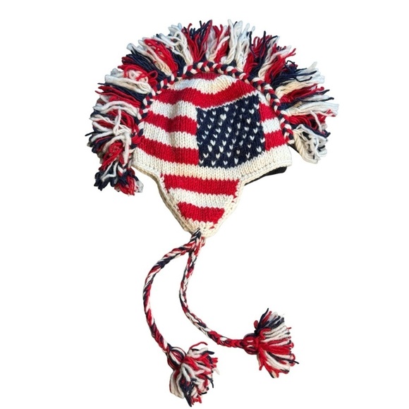D&Y Wool Winter Hat USA American Flag Mohawk Fringe - Picture 1 of 7